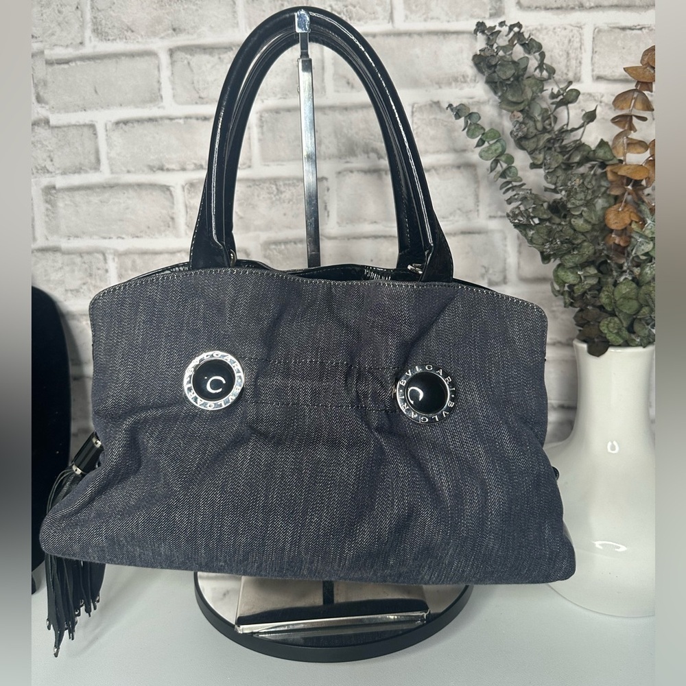 Bvlgari Black Denim & Patent Leather Tote Bag With Tassel Charm